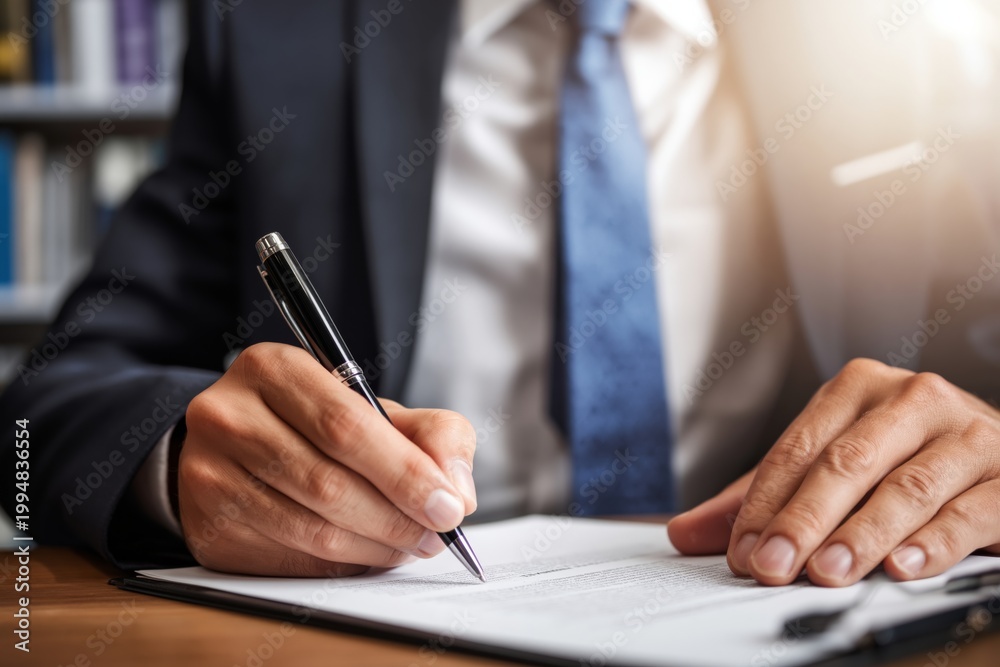 Fototapeta premium Professional Man Signs Document in Office Setting During Daytime Hours