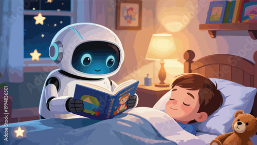 Friendly robot reading a bedtime story to a sleeping boy in a cozy bedroom android artificial intelligence.