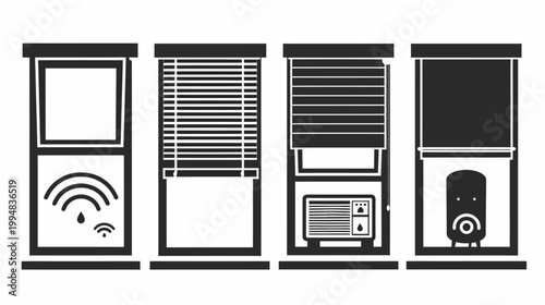 Four windows show different window treatments and an A/C unit, boiler, grayscale