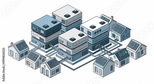 Smart City Grid Concept with Isometric Houses and Solar Panels, Sustainable Urban Infrastructure, Green Energy Network Illustration