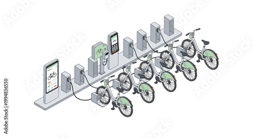 Isometric Electric Bike Sharing Station with Charging Docks and Digital Payment Kiosk