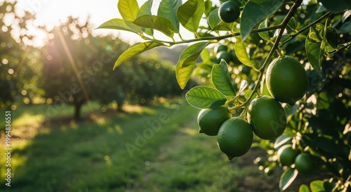 Fresh green limes hanging on a tree branch in a sunny orchard