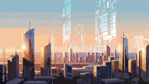 Futuristic Cityscape at Sunset with Tall Buildings and Digital Overlays skyscrapers.