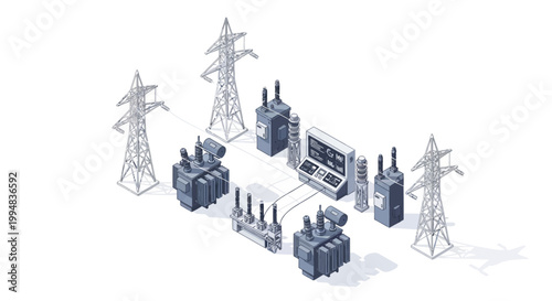 Isometric Electrical Substation Illustration with Power Grid Towers, Transformers, and Control Panel for Energy Infrastructure and Utility Distribution