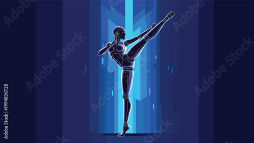 Futuristic female robot performing a high kick in a dark blue digital environment android cyborg.
