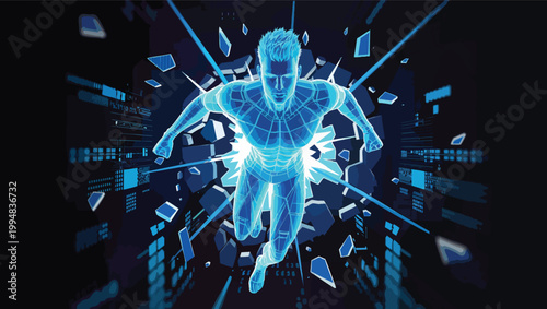 Futuristic glowing blue superhero breaking through digital shards and data streams male figure.