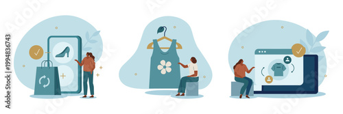 Collection of 3 illustrations with abstract background shapes and small people characters depicting online shopping and fashion choices e commerce shopping bag flat design illustration abstract