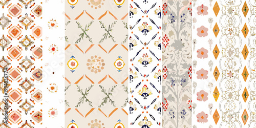A collection of five vertically oriented fabric swatches with repeating ornamental designs