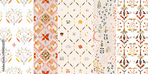 A collection of vintage floral and ornamental patterned fabrics displayed side by side