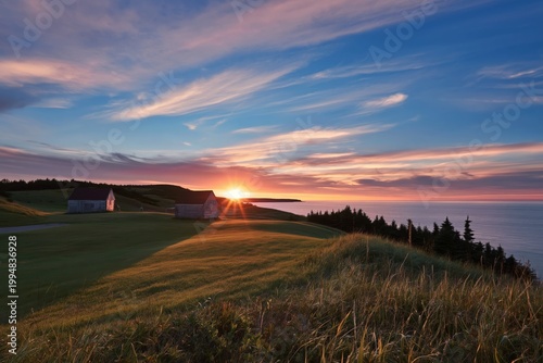 Sunset View Over Houses by the Sea in a Coastal Landscape During Evening Hours