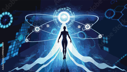 Human Silhouette Floating Amidst Orbiting Digital Atoms and Data Streams vector illustration.