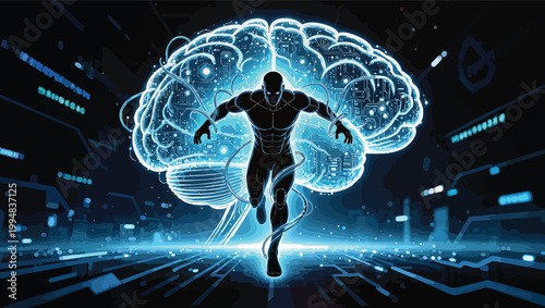 Silhouette of a muscular human figure running forward with a glowing blue digital brain and circuit board patterns in the background.