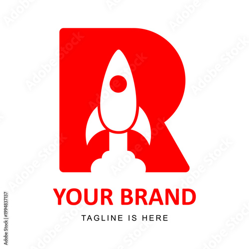 Rocket icon combine with red letter r logo, white rocket, sleek design - Suitable for technology firms, spacethemed businesses, and innovative startups.