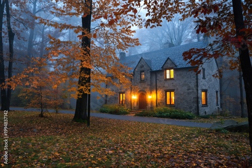 Stone House in Foggy Forest With Warm Lights on Autumn Evening