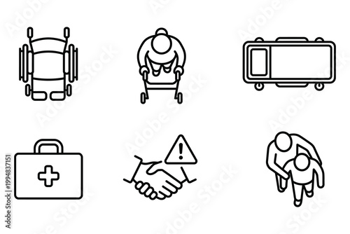 Disability support and emergency care line icons set including wheelchair patient transport stretcher first aid kit help