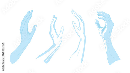 Four stylized renderings of hands, rendered in light blue against a white background