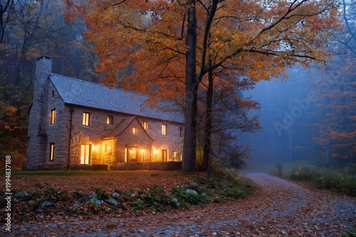 Charming Stone House in a Forest During Fall Evening With Warm Lights
