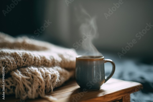 Steaming mug of hot drink on wood table next to cozy knitted wool blanket. Warm, comfortable, and relaxing atmosphere for autumn or winter morning