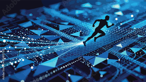 Silhouette of a runner moving through a dynamic abstract network of blue geometric shapes and light trails.