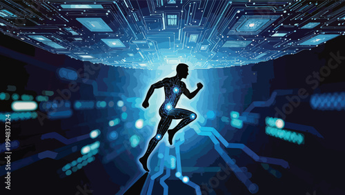 Silhouette of a running person with glowing blue digital connections against a futuristic circuit board tunnel.