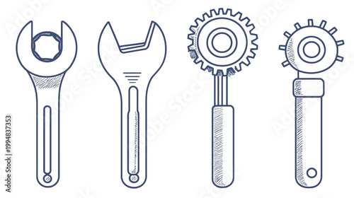 Four dark blue line art tools on a white background, including wrenches and circular components