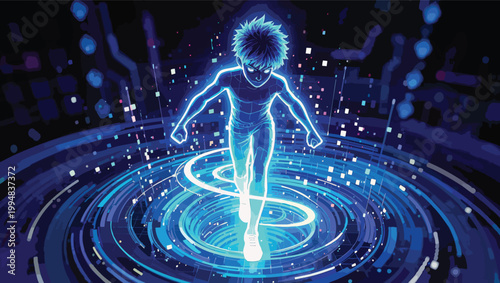 Young person with glowing blue outline running through a digital vortex of light and data vector illustration.