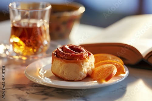 Enjoying a Cinnamon Roll and Tea With Orange Slices by a Book on a Table