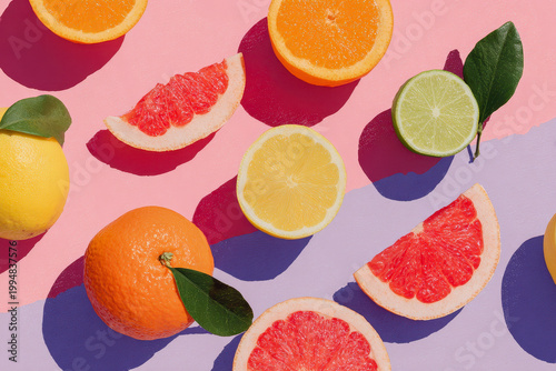 Vibrant citrus fruit flat lay with orange, lemon, lime and grapefruit slices on pastel pink and lavender background