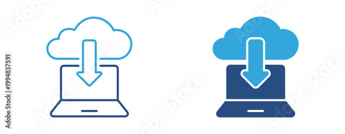 Cloud Download icon set. Laptop with cloud and downward arrow, data transfer and file download concept, online storage and technology symbol, vector illustration