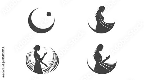 Collection of stylized black and white illustrations featuring abstract figures and celestial elements