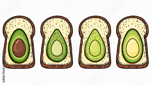 Four slices of avocado toast with varying avocado ripeness, stylized illustration