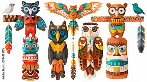 Colorful illustration of stylized totem poles with owls and birds, feathers on white