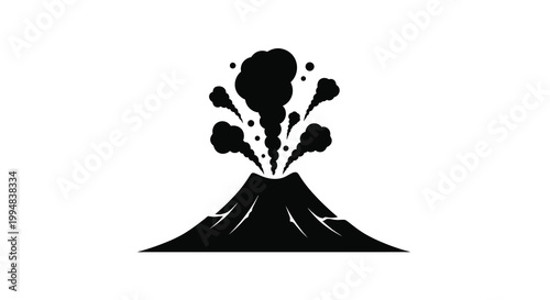 A stark black silhouette depicts a volcanic eruption with smoke and debris billowing upwards from the cone