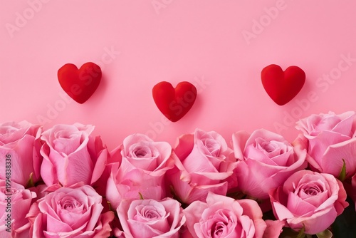 Roses and Red Hearts on Pink Background for Romantic Occasions and Celebrations