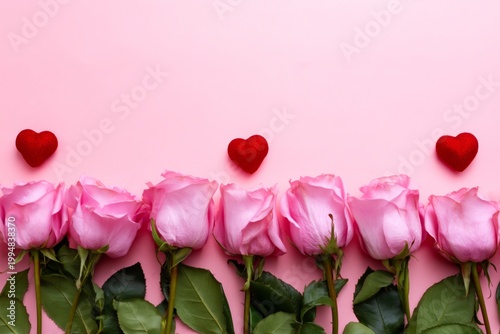 Roses and Red Hearts on Pink Background for Romantic Occasions and Celebrations