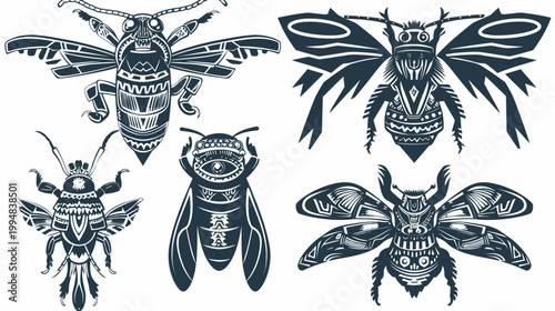 Five abstract, dark insect illustrations, adorned with geometrical patterns on white