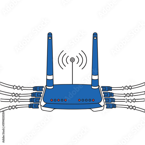 Digital Communication Concept Showing Wireless Router with Connected LAN Cables and Signal Transmission Waves