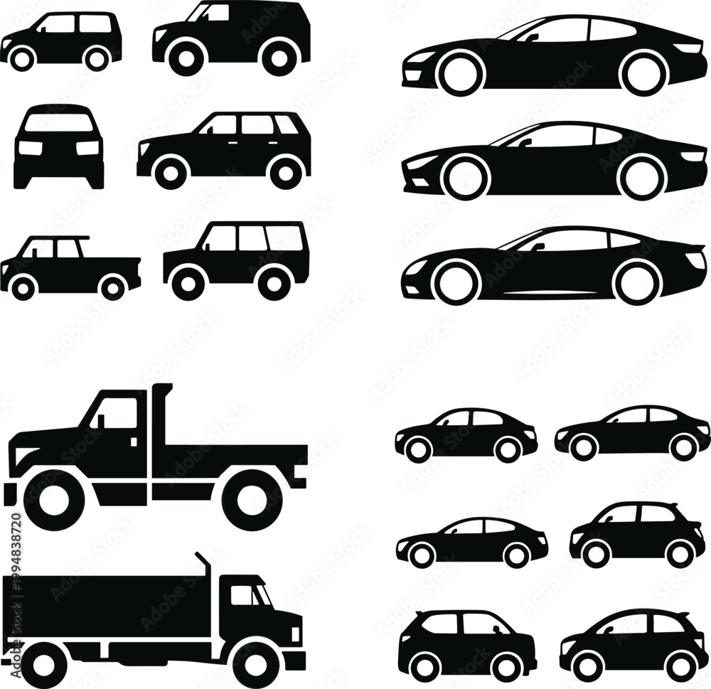 Fototapeta premium Large collection of vehicle silhouettes including cars suv trucks and transport icons isolated on white background automotive design concept