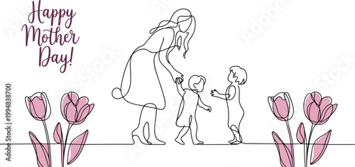 Minimalist Mother's Day vector illustration, continuous line art of mother with two children, elegant floral banner with pink tulips and script text
