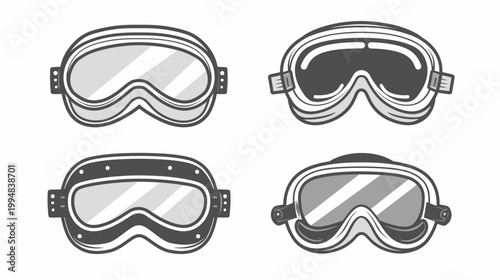 Four styled monochrome goggles for skiing or snow sports illustrated in vector format