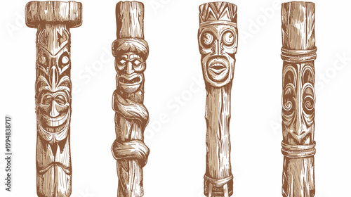 Illustration of four stylized, carved wooden totem poles in brown and tan tones