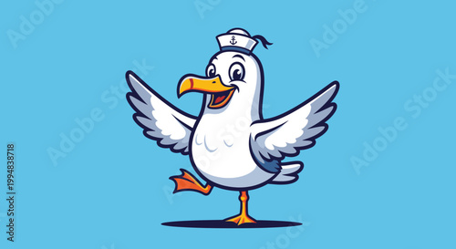 Cheerful cartoon seagull wearing a sailor hat against a clear blue backdrop