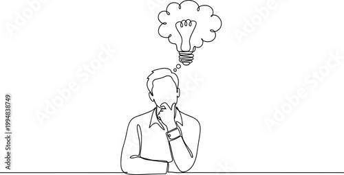 Man with Light Bulb Idea Thought Bubble Continuous Line Drawing