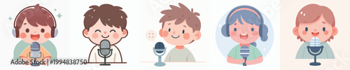 vector of a little boy doing a podcast