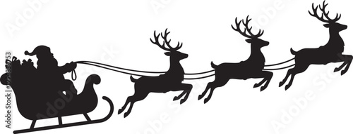 Santa claus riding sleigh pulled by reindeer in black and white vector style isolated on transparent background, Vector