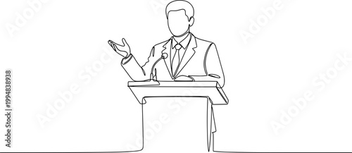 Speaker at podium, one line drawing, public speaking, presentation, business meeting