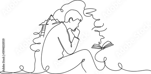 Man contemplating success, learning, and ambition with a book and mountain climb