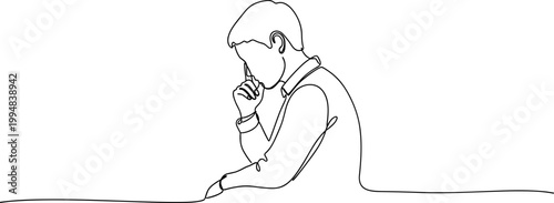 Man in thought, continuous line drawing, thinking, focused, contemplation