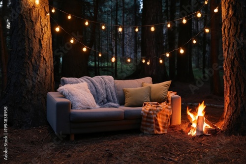 Cozy Setup With Lights, a Sofa, and a Campfire in a Forest at Night