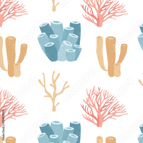 Hand drawn corals and seaweed on white background. Seamless pattern of underwater life, sea corals. Perfect for summer marine backgrounds, textiles, wrapping, and packaging.
